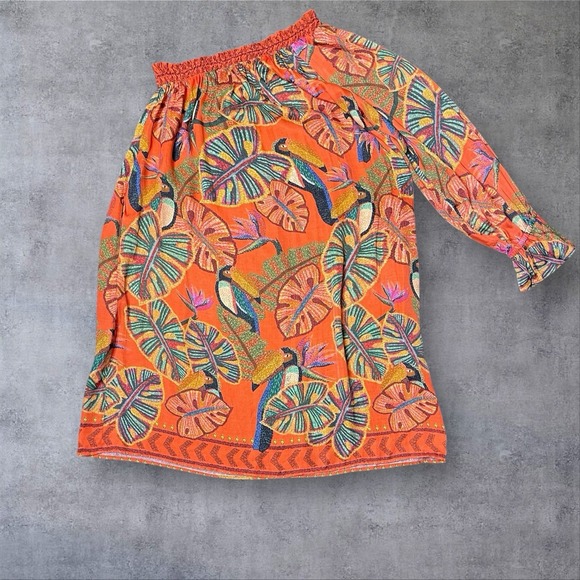 Farm Rio X Anthropologie Dress One Shoulder Toucan Leaf Hawaiian Floral Womens S - Picture 6 of 9